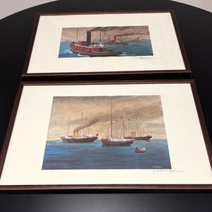 Vintage Maritime Art Set with Brown Frames